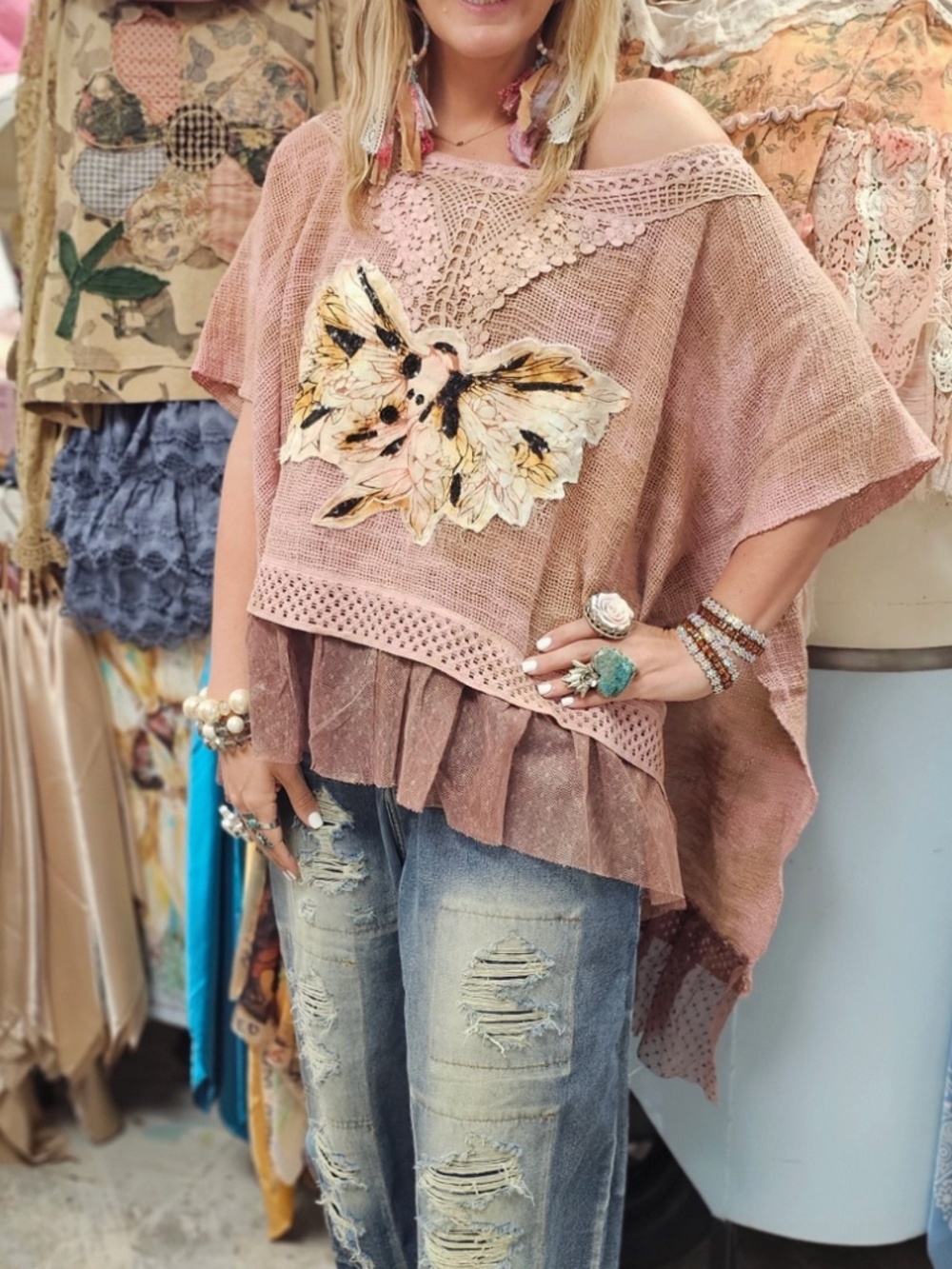 A rare Bird Dusty Pink Bird Patchwork Lace Ruffle Hem Top